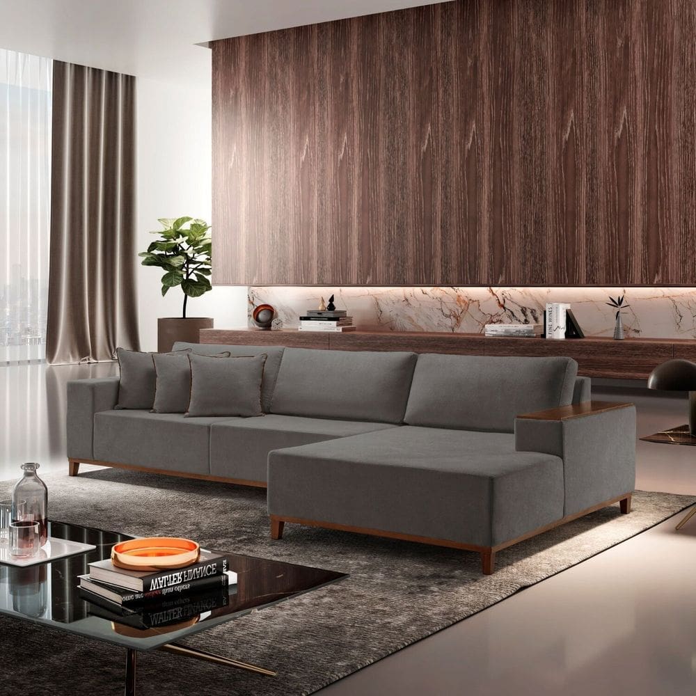 Sofá 4 Lugares com Chaise Linho 270cm Grécia Cinza Escuro