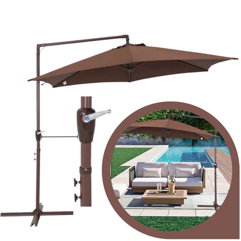Ombrelone Lateral Guarda Sol De Piscina 3 Metros Veneza Bel Marrom com Acionamento por Manivela e Base p/ Contrapeso