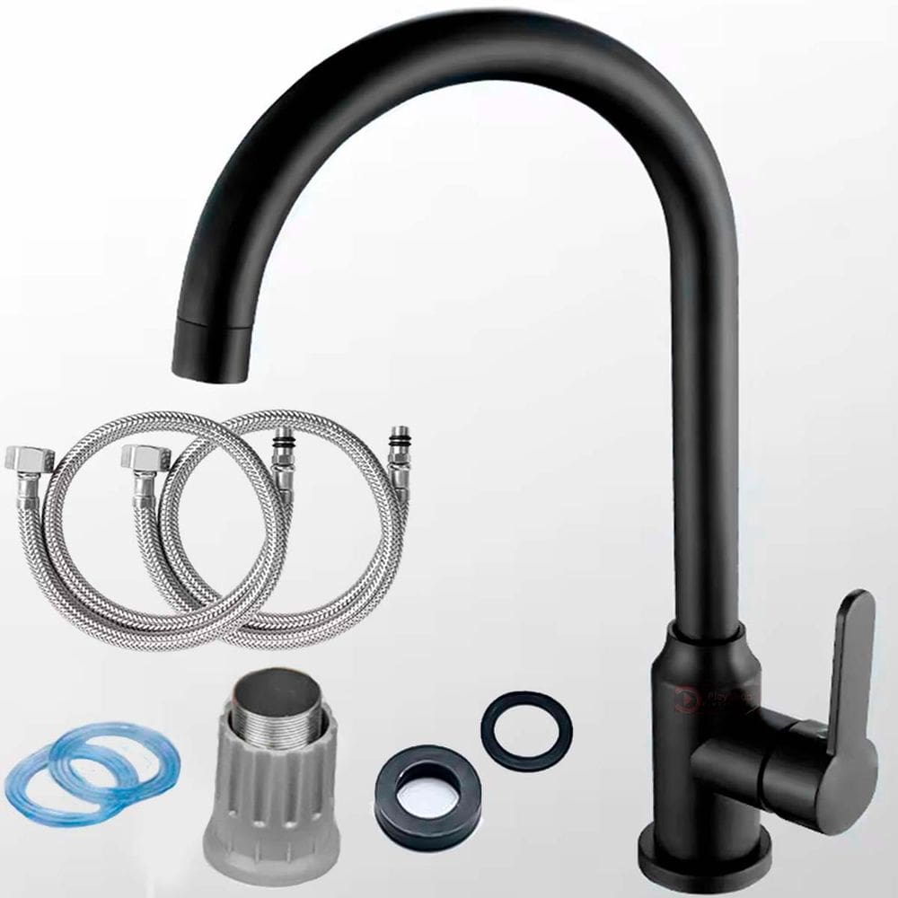 Torneira Preta Gourmet Pia Bica Grande Giratória 360° Monocomando Misturador Agua Quente e Fria Aço Bancada Mesa Cuba Banheiro lavabo Cozinha Luxo 1/2