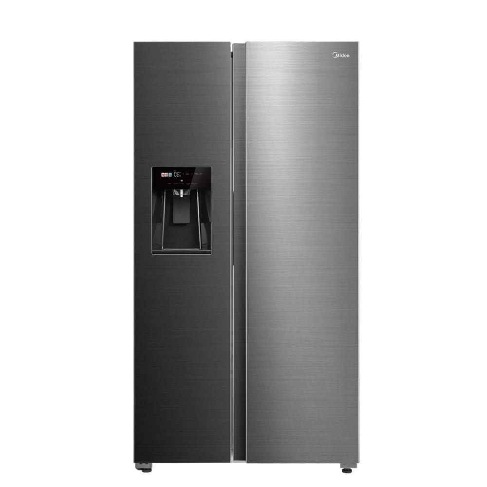 Geladeira Side by Side 570L Dispenser Água e Gelo Inverter cor Inox Midea