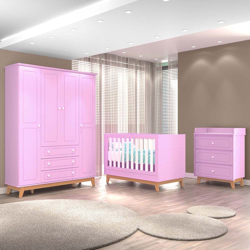Quarto Infantil Triplo 100% MDF Tuboarte com Berço 2 em 1 Lucca Guarda-Roupas Henry e Cômoda Natan