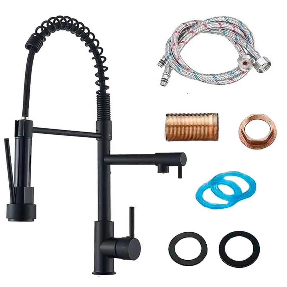 Torneira para Cozinha Gourmet Luxo Aço Dupla de Mesa Com Monocomando Misturador Agua Quente e Fria Mola - Preto 1/2