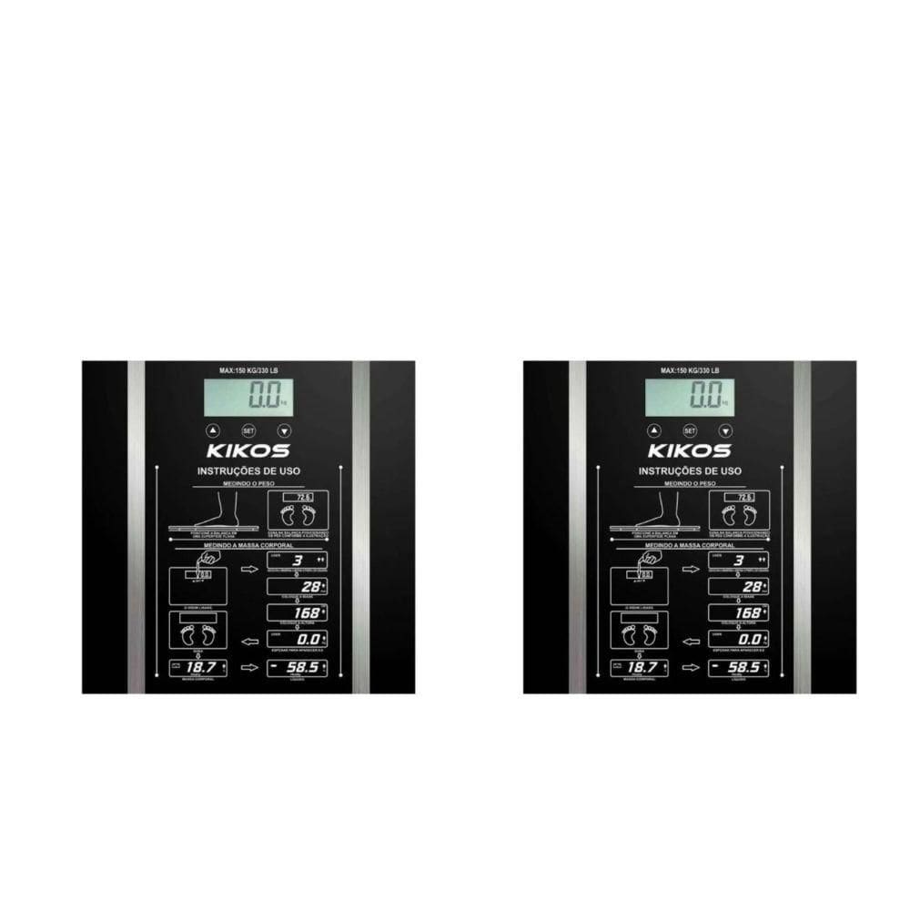 Kit 2 Balanças Digitais Kikos Ison Preta Vidro Temperado 150Kg, Mede Peso, Gordura e Água Corporal