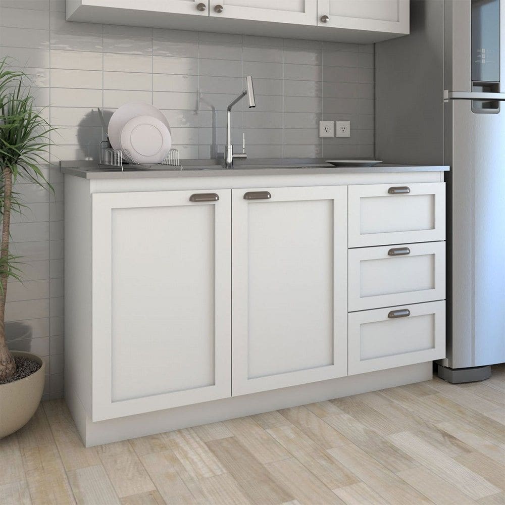 Balcão de Cozinha para Pia Essenza 2 Portas 3 Gavetas 100% Mdf Branco Fosco - Panorama Móveis