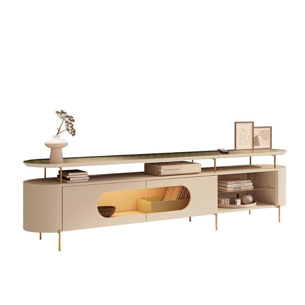 Rack Bancada Aria Led Para Tv Até 85” Polegadas Pés Em Aço Off White/champanhe