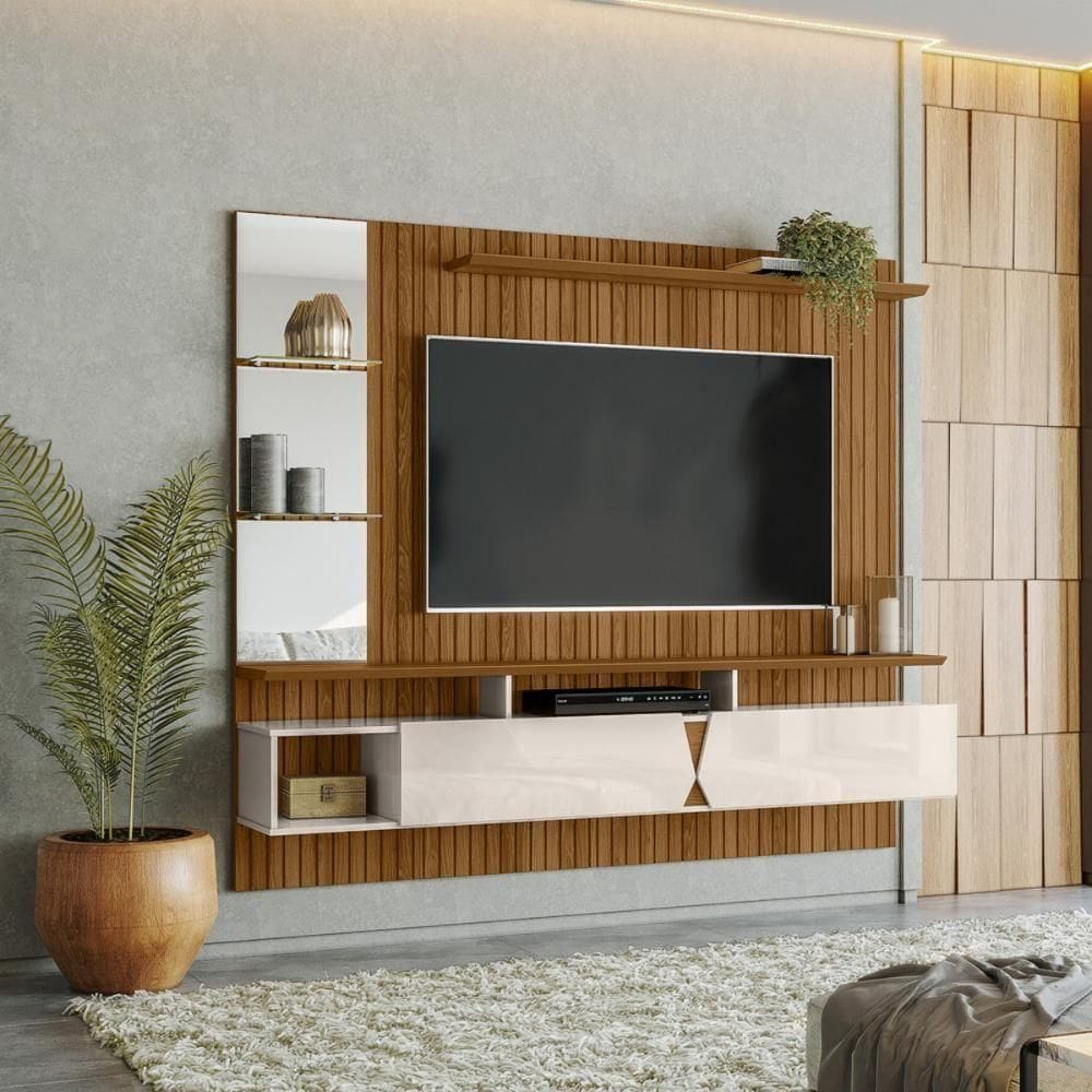 Painel Intense P- Tvs Até 55`` C- Gaveteiros E Prateleiras Suporte Para Itens - Freijo Ripado-off White Perolizado