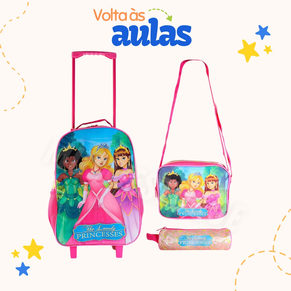 Kit Escolar Infantil com 3 peças - Mochila Princesas