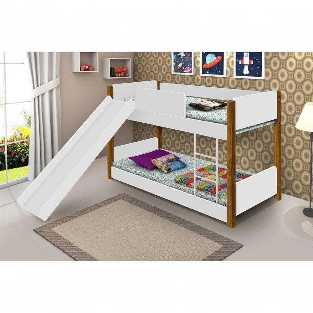 Beliche Infantil-juvenil Valentina Branco-mel Com Pés De Madeira Com Escorregador Com 2 Colchões
