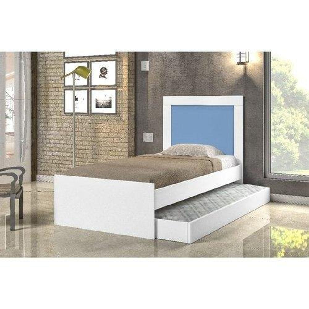 Cama Luara Solteiro Branca Azul E Rosa Com Auxiliar E 2 Colchões Cambel