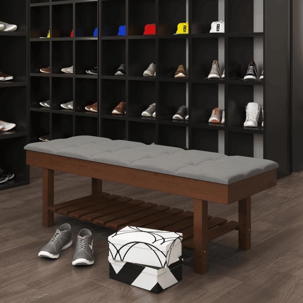 Banco Em Madeira Almofadado Com Sapateira Cinza Pena