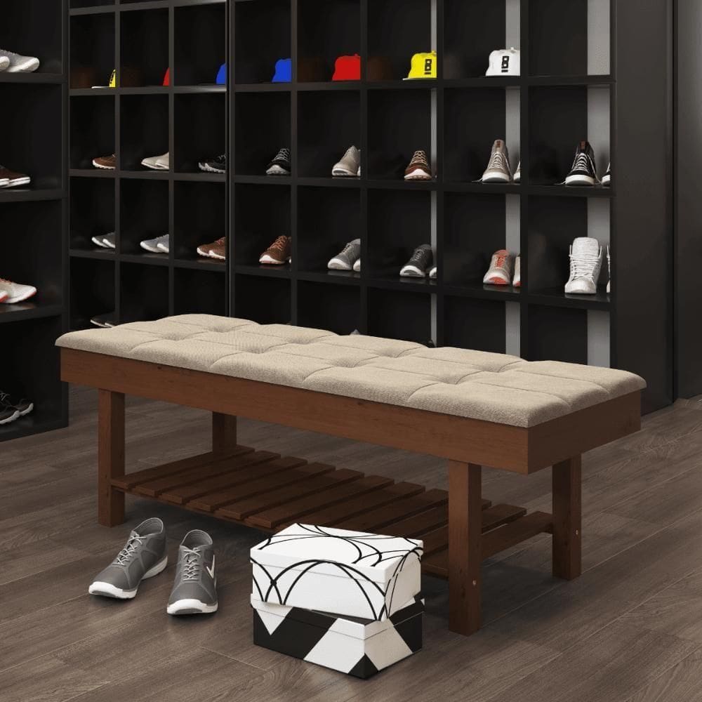 Banco Em Madeira Almofadado Com Sapateira Bege Linho