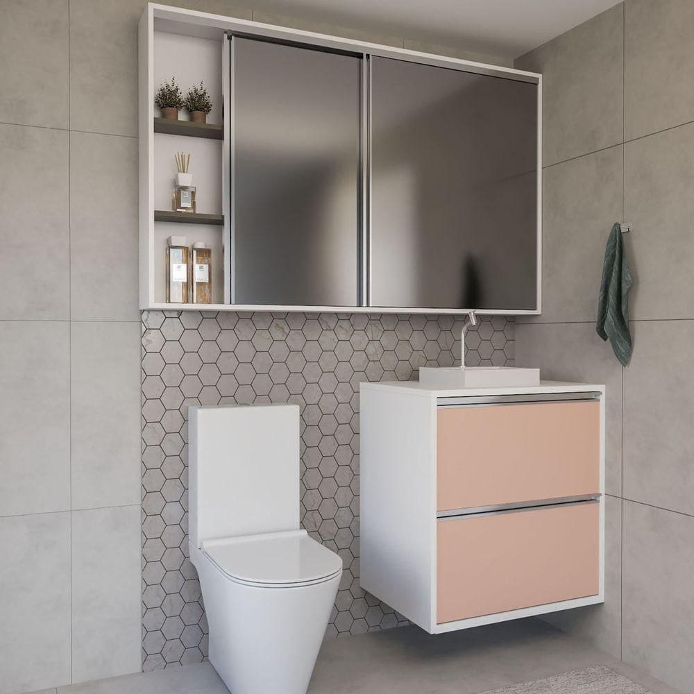 Conjunto Gabinete E Espelheira Plena Versati 70cm Salmão Branco