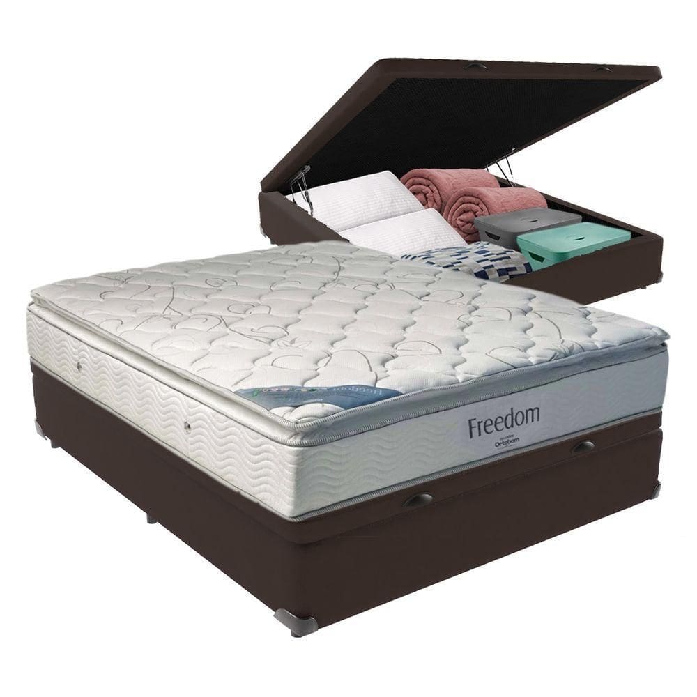 Cama + Box Com Baú Casal E Colchão Freedom Ortobom D33 Marrom