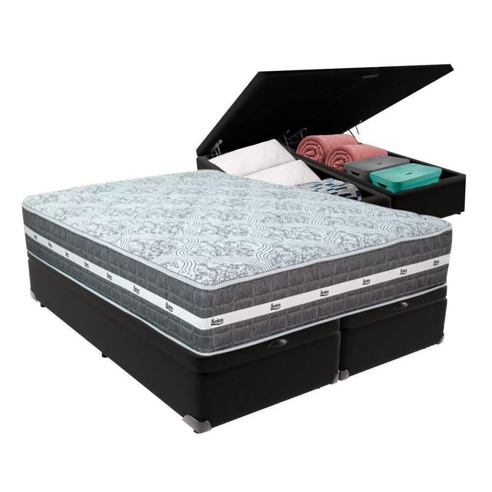Cama Box Com Baú Bege E Colchão Queen Black Grafit Preto