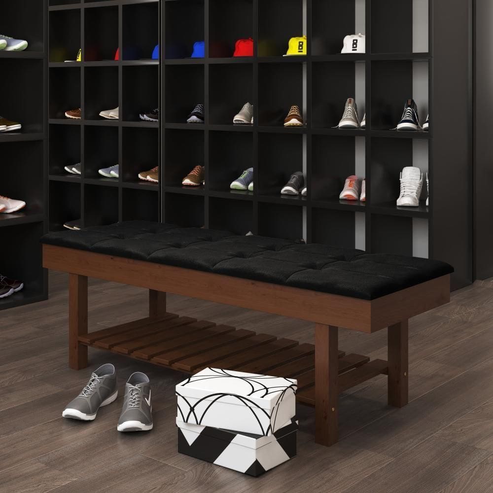 Banco Em Madeira Almofadado Com Sapateira Preto Pavia