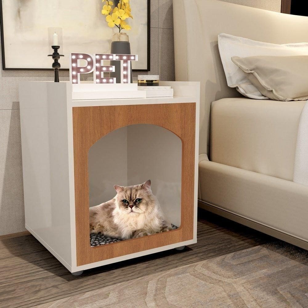 Mesa Cabeceira Casinha De Cachorro-gato Pet Off White-freijo - Ofertamo