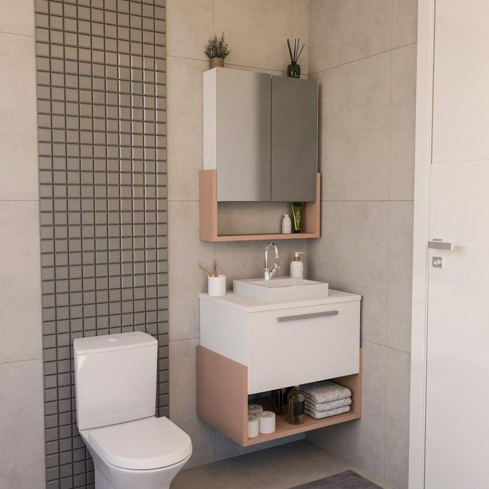 Conjunto Gabinete E Armário Inspira Design 80cm Salmão
