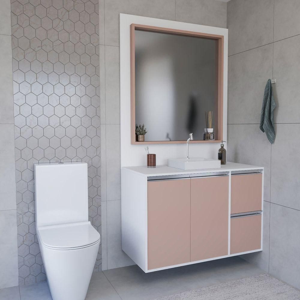 Conjunto Gabinete E Espelheira Plena Elegance 120cm Branco Salmão