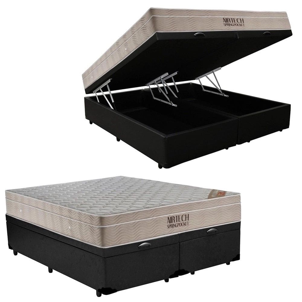 Cama Baú Casal Bipartido Preto Colchão Molas Ensacadas Airtech Spring 138x188 - Ortobom