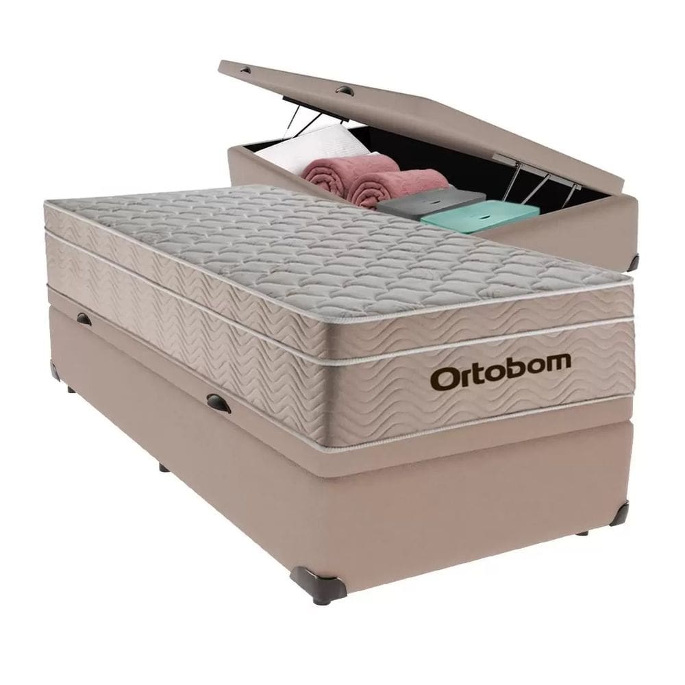 Cama Box Baú Solteiro Bege Colchão Molas Ensacadas Airtech Spring 88x188 - Ortobom