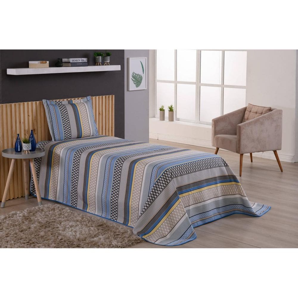 Jogo De Cama Cobre Leito Solteiro 2 Peças Listrado Azul
