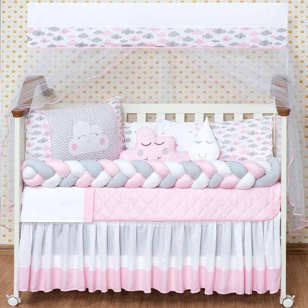 Kit Berço Menina Trança Saia Box Rosa 11 Peças