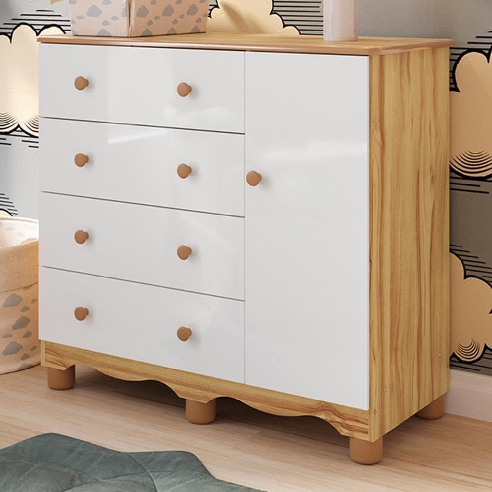 Cômoda Infantil Júnior New 1 Porta E 4 Gavetas Branco Brilho/amêndoa - Móveis Peroba