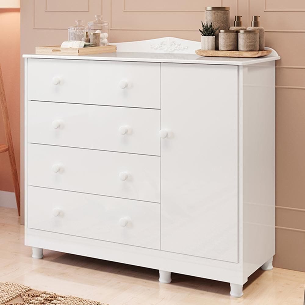 Cômoda Infantil Elô New 1 Porta E 4 Gavetas Branco Brilho - Móveis Peroba
