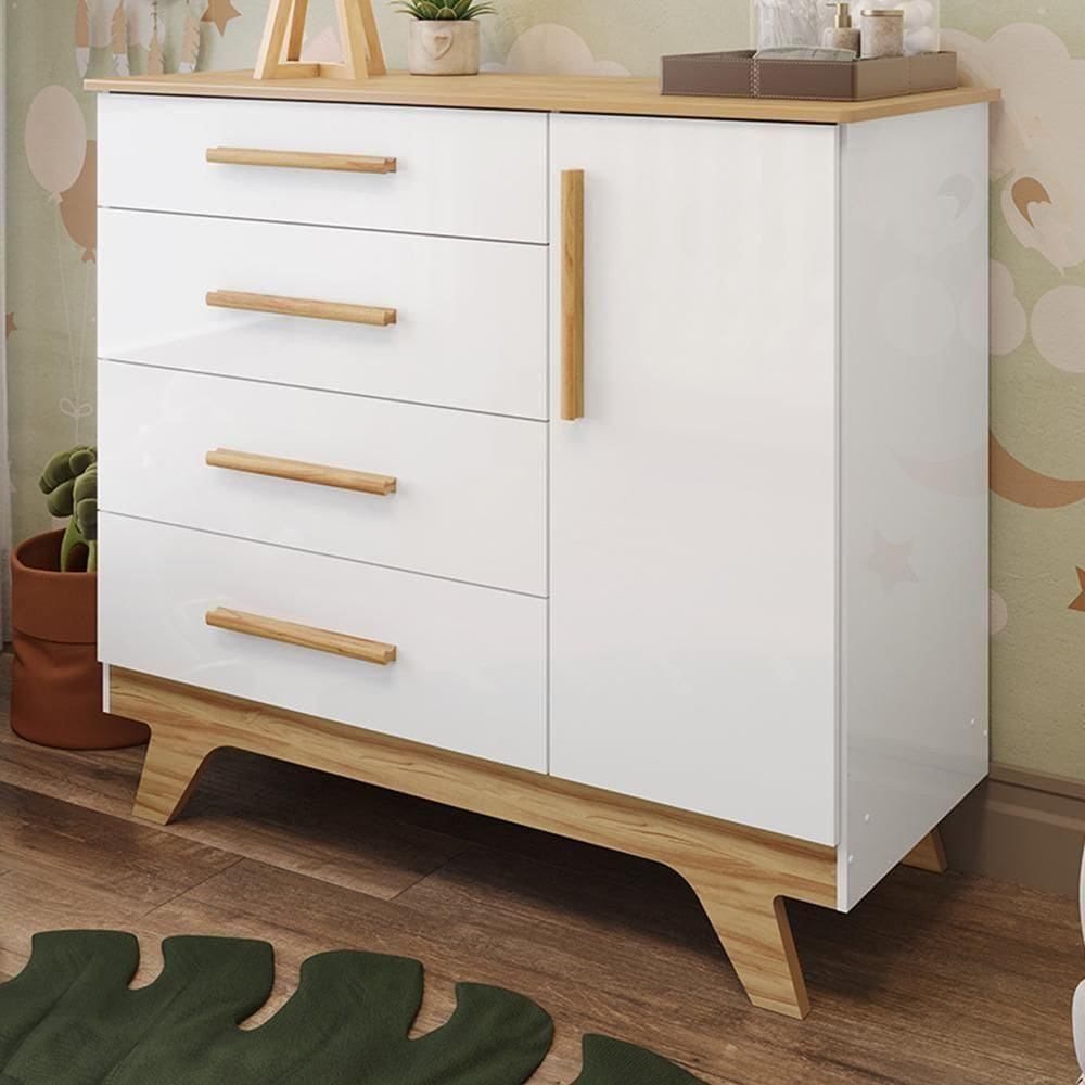 Cômoda Infantil Retrô 1 Porta E 4 Gavetas Branco Brilho/amêndoa - Móveis Peroba
