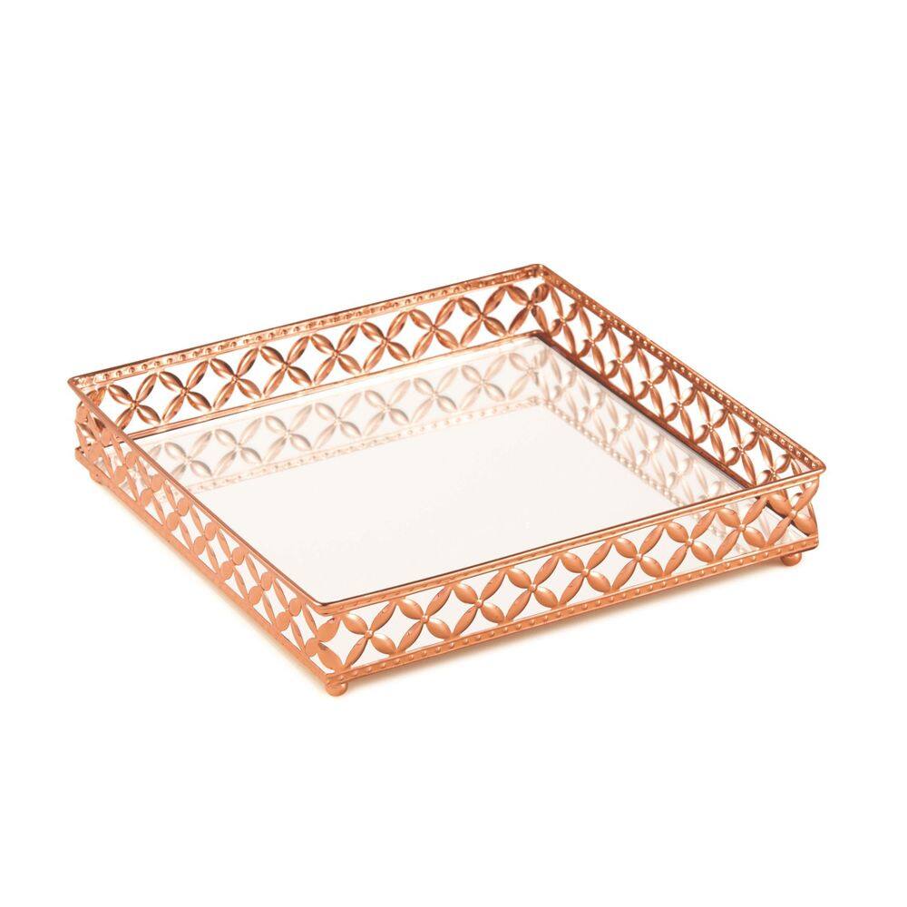 Bandeja Cobre Floral 5X25X25Cm Com Espelho Quadrada G