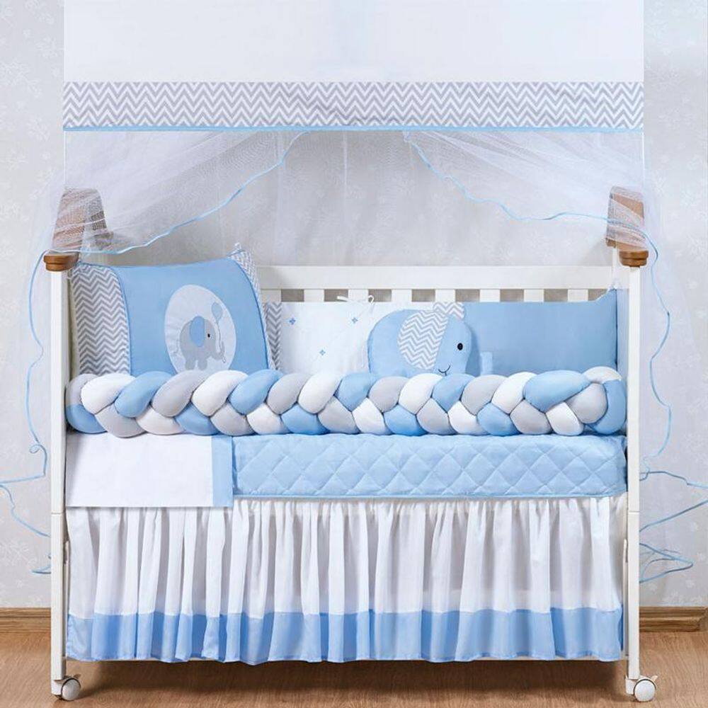 Kit de Berço Elefante Trança Azul 13 Peças 100% Algodão