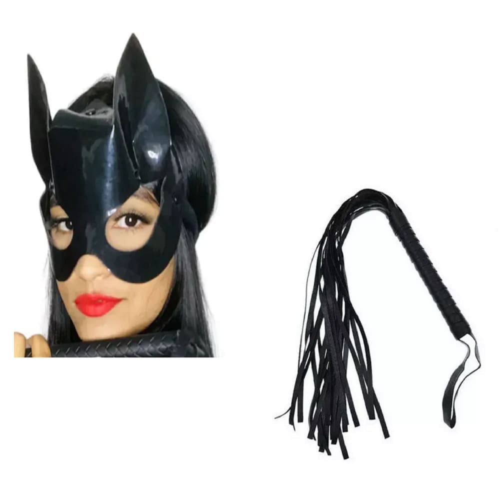 Máscara Mulher Gato Luxo E Chicote Fantasia Cosplay Festas