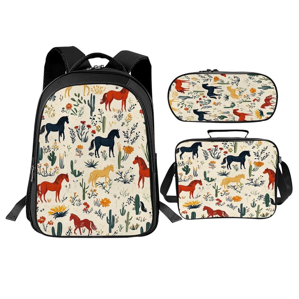 Conjunto de mochilas escolares Trimety Horses com lancheira e estojo de lápis