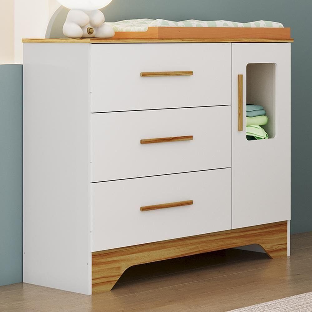 Cômoda Infantil Popy Retrô Plus 1 Porta Com Janela E 3 Gavetas Branco Brilho/amêndoa - Móveis Peroba