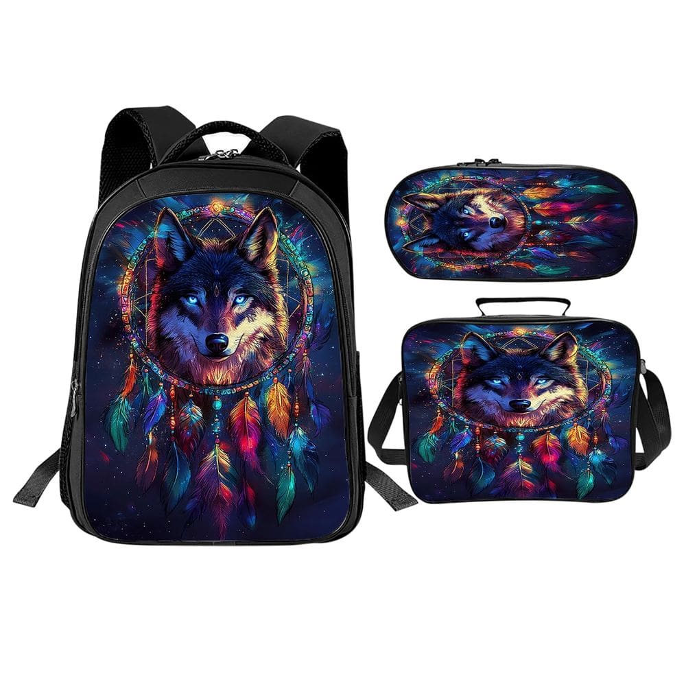 Conjunto de mochilas escolares Trimety Wolf com lancheira e estojo de lápis