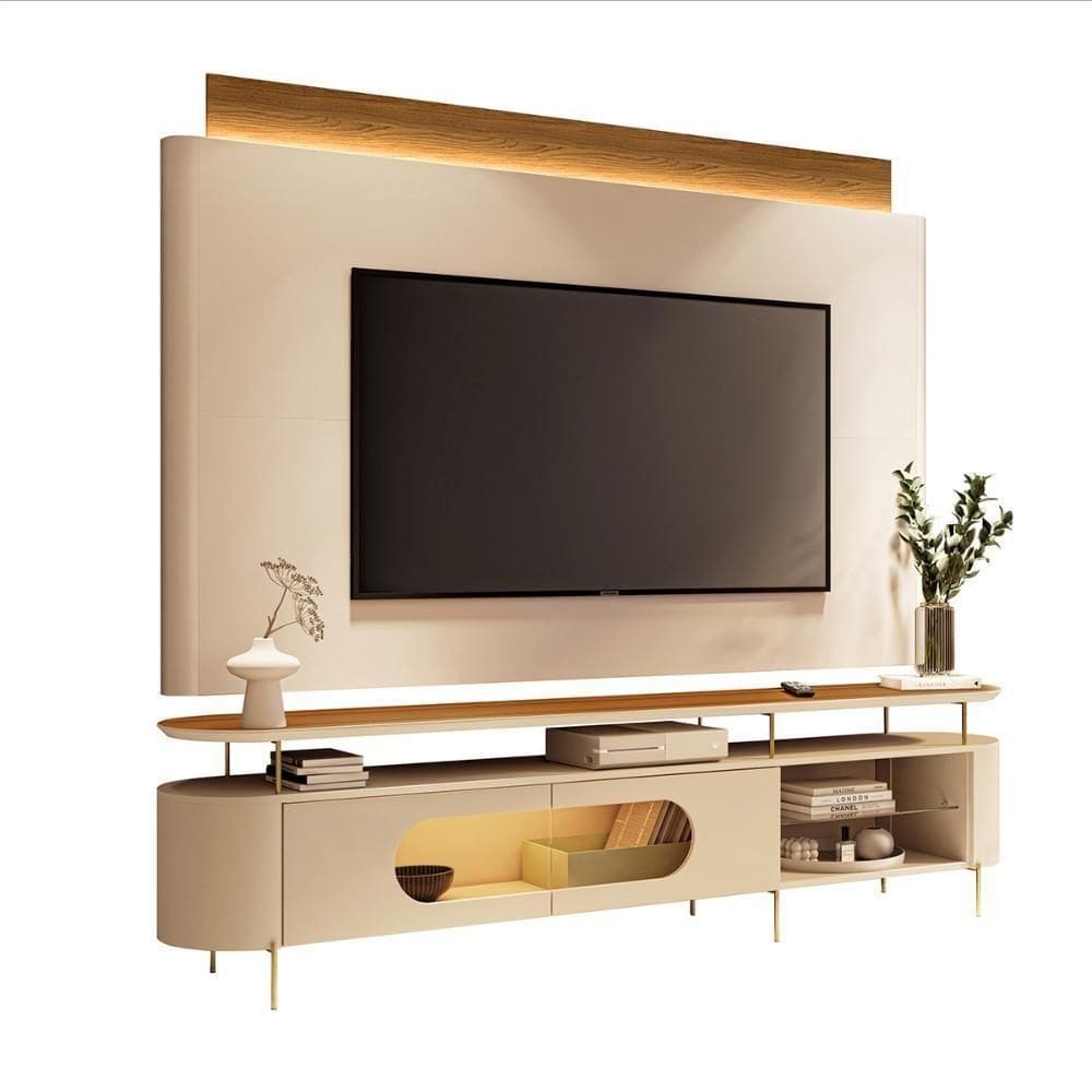 Conjunto Bancada Aria E Painel Nobre Led Para Tv Até 85” Off White/cinamomo