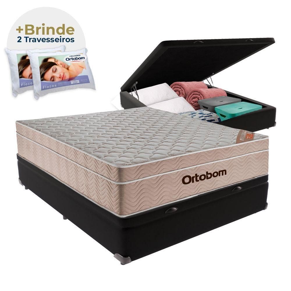 Cama Box Baú Preto E Colchão Airtech Ortobom Casal
