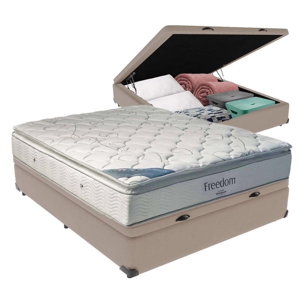Cama + Box Com Baú Casal E Colchão Freedom Ortobom D33 Bege