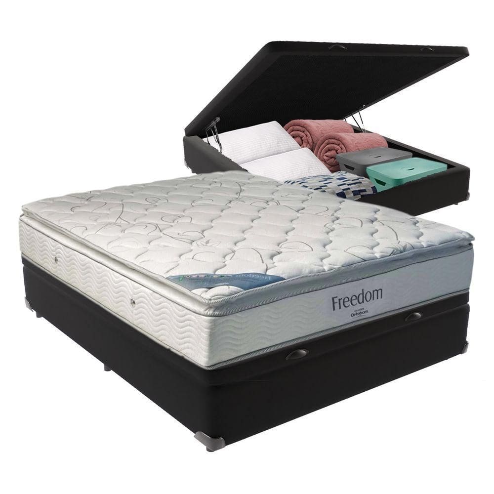 Cama + Box Com Baú Casal E Colchão Freedom Ortobom D33 Preto