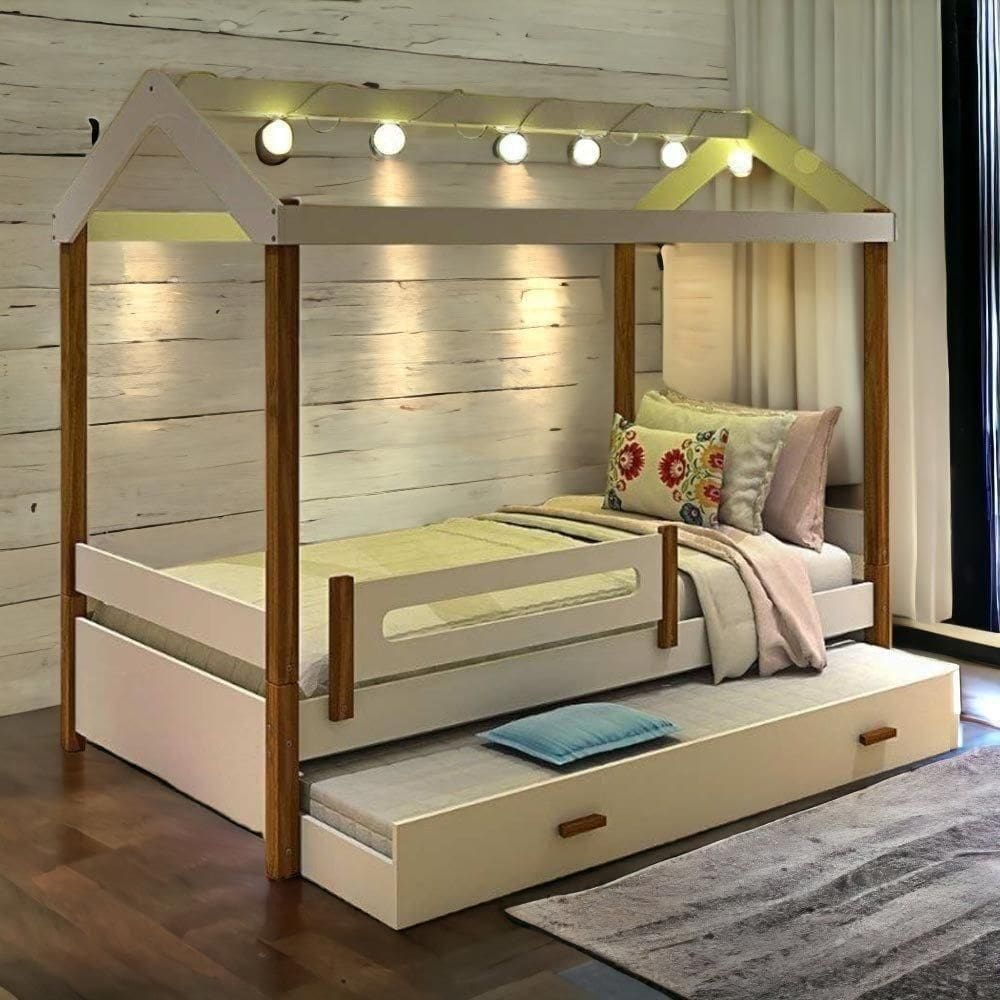 Cama Casa Elisa Branca Com Led, Aux, E 02 Colchões