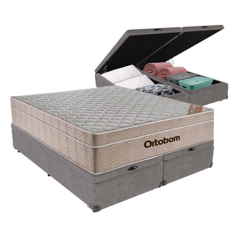 Cama + Box Airtech Colchão Ortobom Queen Com Baú Bege Cinza
