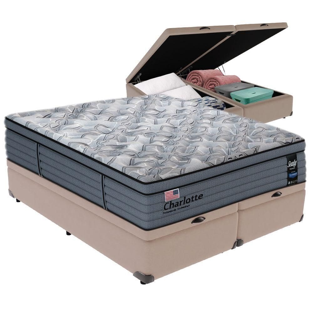 Cama Box Baú Bege E Colchão King Charlotte Molas Ensacadas Sealy
