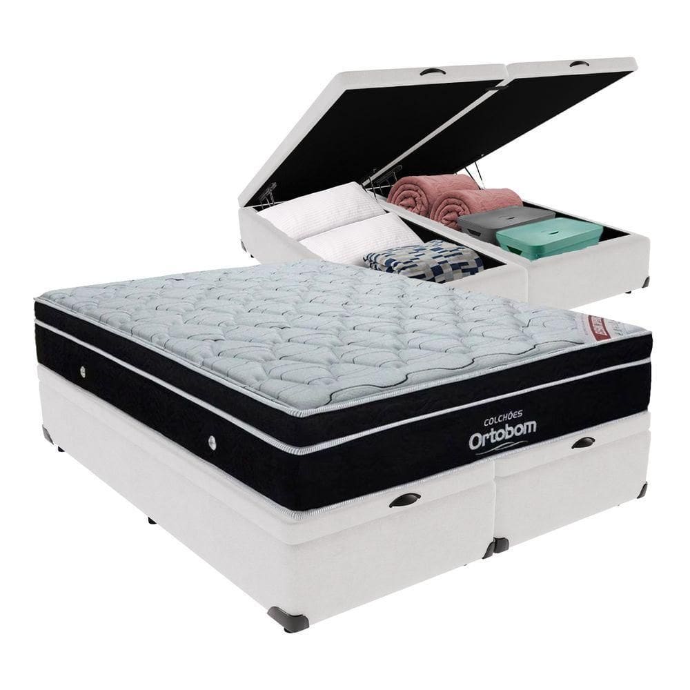 Cama + Box Com Bau Ortobom Colchão King Com Molas Ensacadas Branco