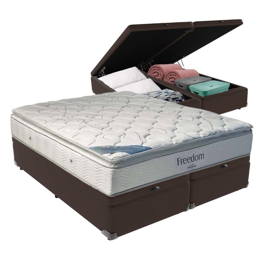 Cama Box Com Baú Queen Marrom E Colchão Freedom Ortobom D33