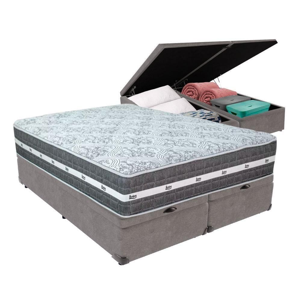 Cama Box Com Baú Bege E Colchão Queen Black Grafit Cinza