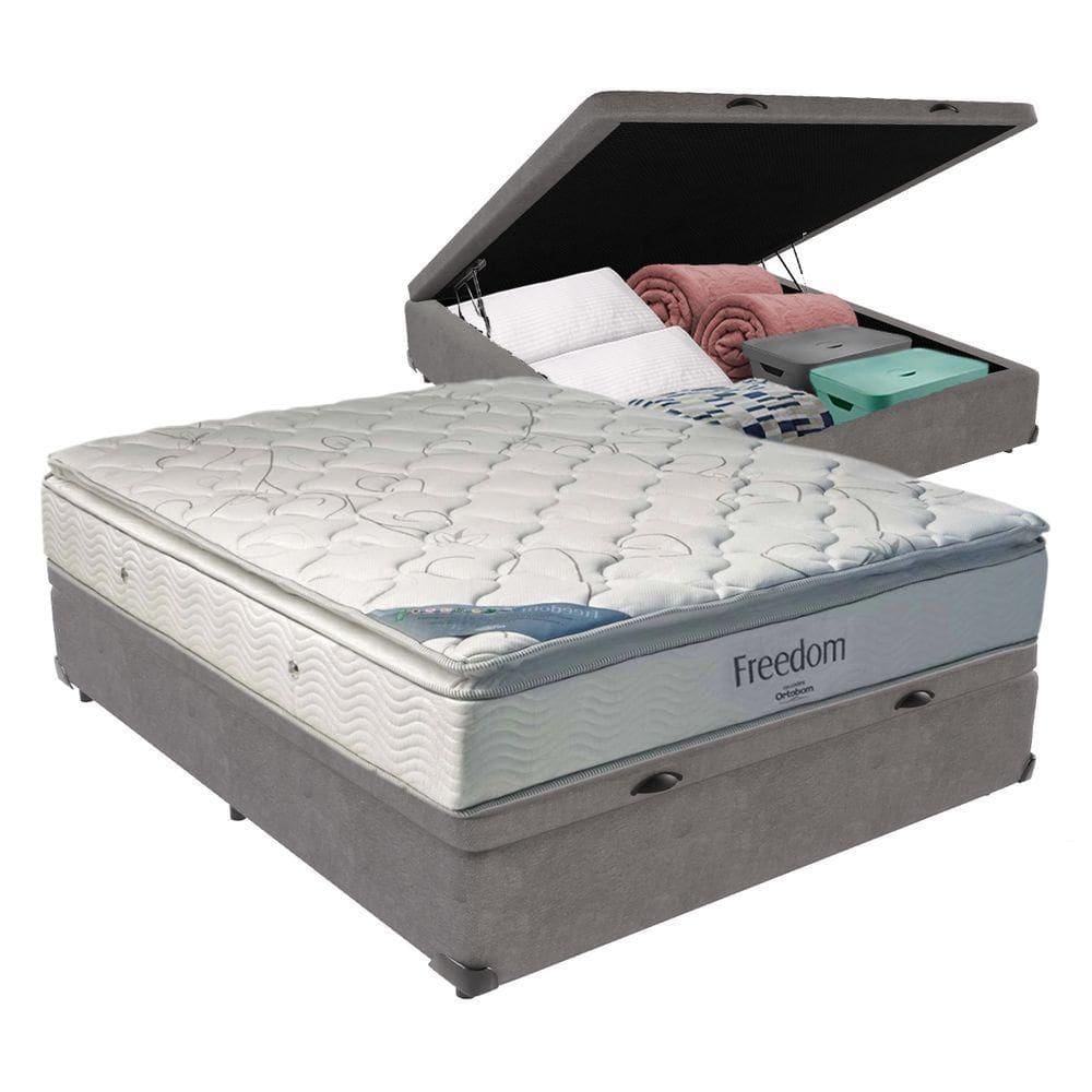 Cama + Box Com Baú Casal E Colchão Freedom Ortobom D33 Cinza