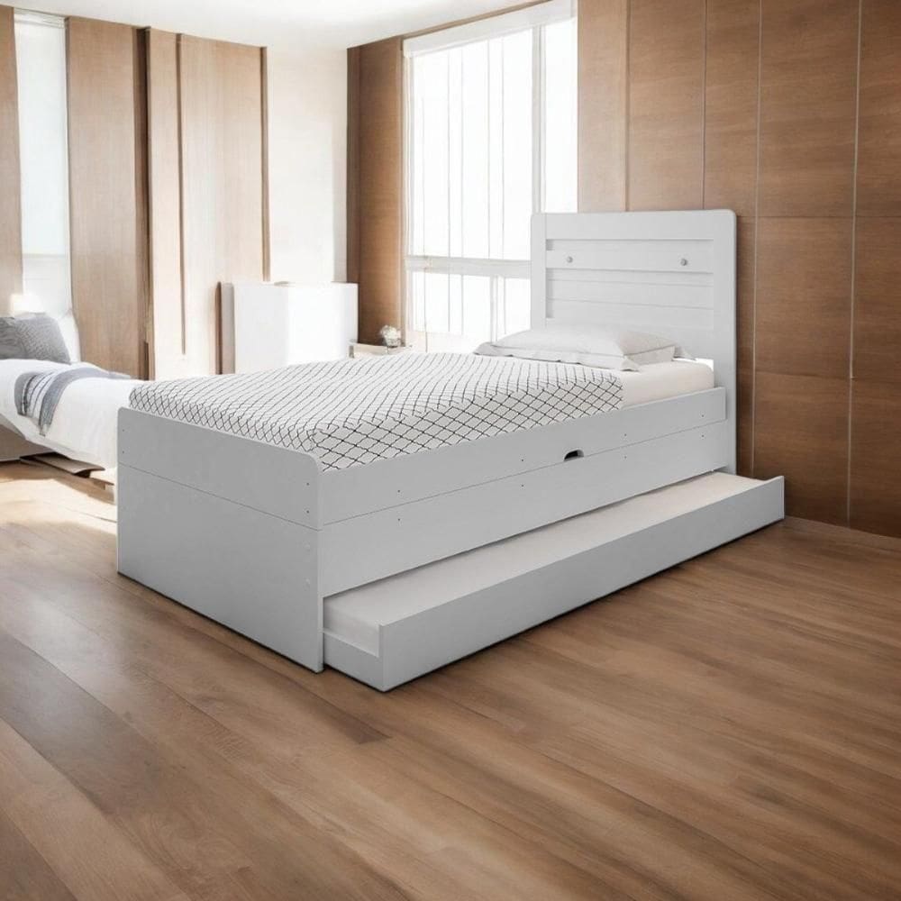 Cama Baú Solteiro Larissa Branco Com Auxiliar E 02 Colchões