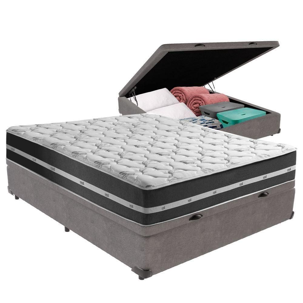 Cama + Box Com Bau Casal Classic Cinza