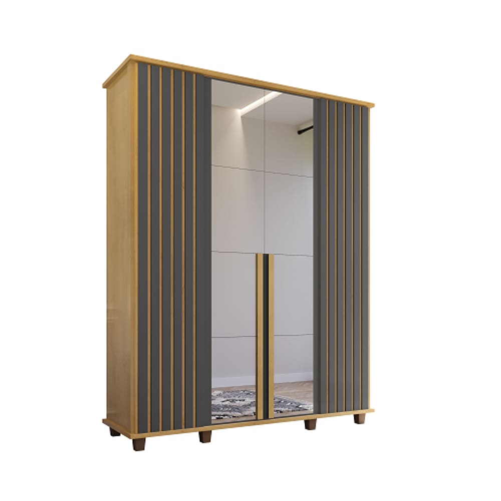 Guarda Roupa Com Espelho Holanda Ripado Cinamomo/Grafite - RV Móveis