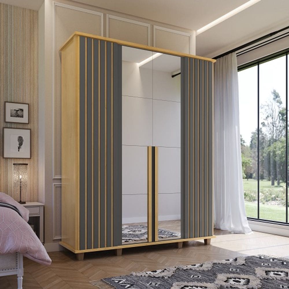 Guarda Roupa Com Espelho Holanda Ripado Cinamomo/Grafite - RV Móveis